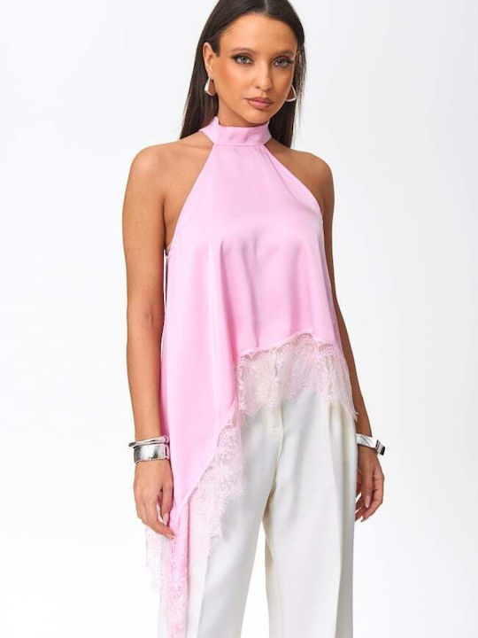 Damenbluse Satin Ärmellos Mit Bindung am Ausschnitt Rosa