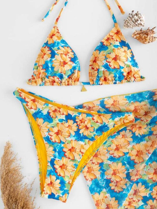 Set Bikini 3 Pieces Triangle Floral Blue
