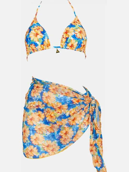 Set Bikini 3 Pieces Triangle Floral Blue