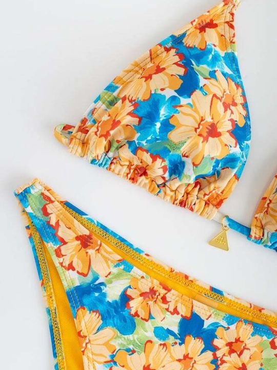 Set Bikini 3 Pieces Triangle Floral Blue