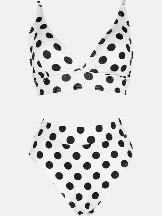 Set Bikini Talie Înaltă Cu Buline Alb