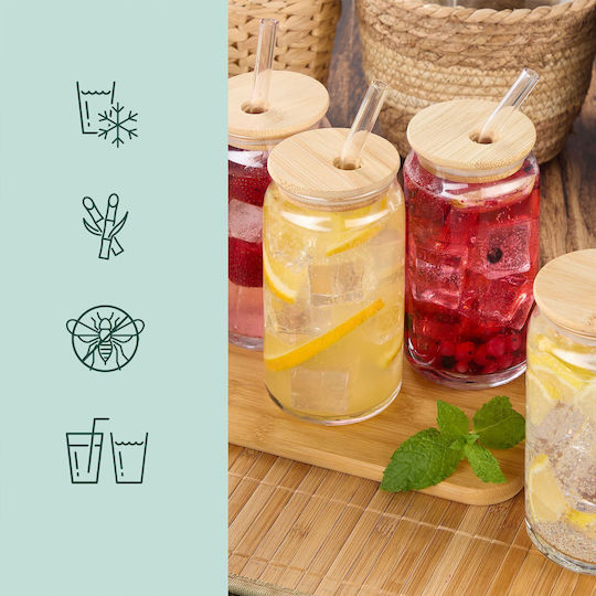 Relaxdays Σετ Ποτήρια Καφέ/Freddo από Bamboo σε Καφέ Χρώμα με Καλαμάκι 4τμχ