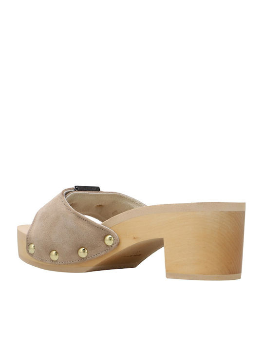 Pescura Suede Mules με Χοντρό Ψηλό Τακούνι σε Μπεζ Χρώμα