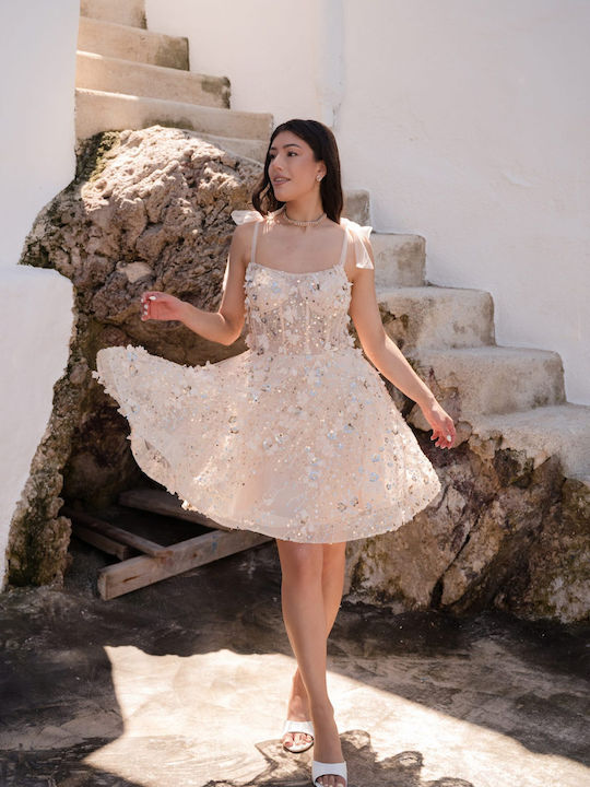 Mini Evening Dress with Tulle and Mesh Beige