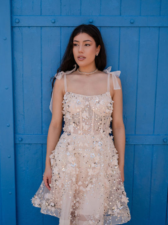 Mini Evening Dress with Tulle and Mesh Beige