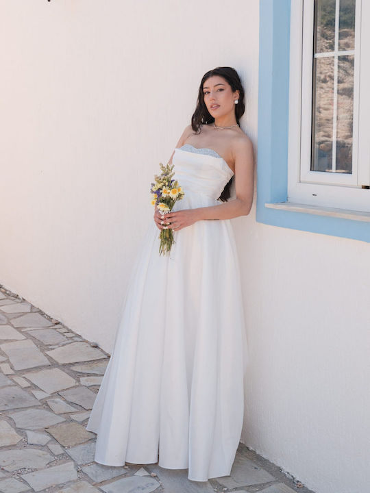 Καλοκαιρινό Maxi Φόρεμα για Γάμο / Βάπτιση Strapless Σατέν Λευκό