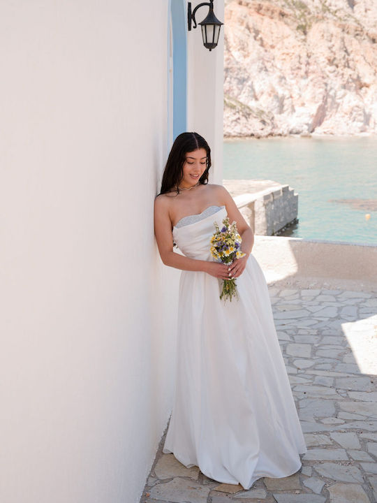 Καλοκαιρινό Maxi Φόρεμα για Γάμο / Βάπτιση Strapless Σατέν Λευκό
