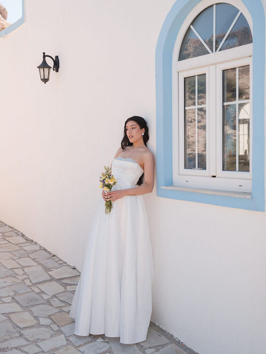 Καλοκαιρινό Maxi Φόρεμα για Γάμο / Βάπτιση Strapless Σατέν Λευκό
