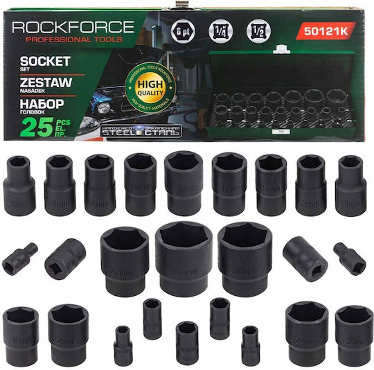 Rockforce Impact Socket Set 25 Pcs 1/2" 1/4" Hex 4-32mm