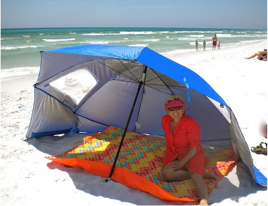 Umbrelă Pliabilă Mare XXL 2-în-1 Pentru Plajă Diametru 2.1m Cu Umbrelă Și Protecție UV Albastră