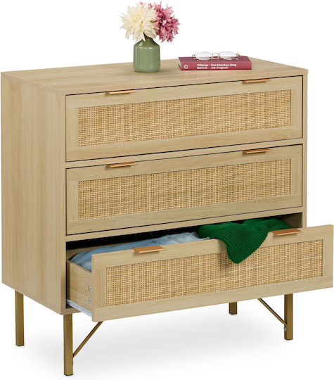 Bedroom Chest of Drawers Wooden with 3 Drawers Natural/Gold 80x42x80cm