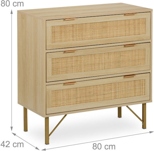 Bedroom Chest of Drawers Wooden with 3 Drawers Natural/Gold 80x42x80cm