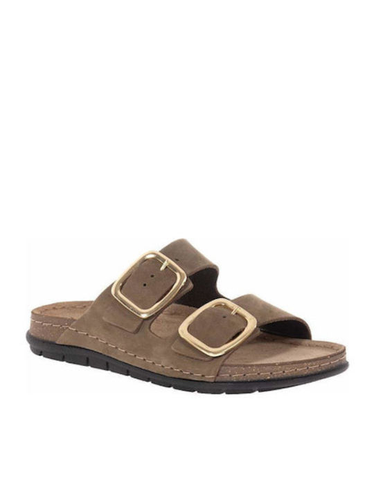 Leather Women's Flat Sandals Khaki SIENNA-60302K