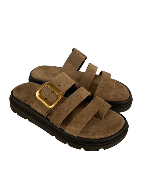 Leather Women's Flat Sandals Flatforms Brown