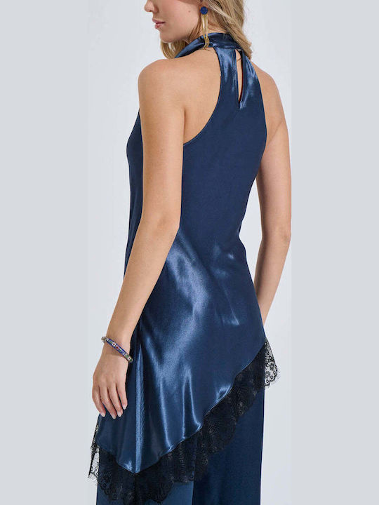 Women's Satin Sleeveless Drape Top Blue