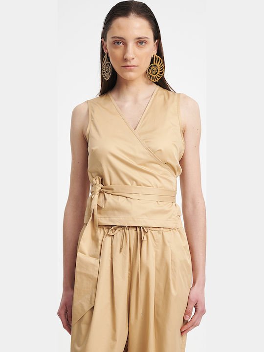 Women's Cotton Blouse with V-Neckline Beige