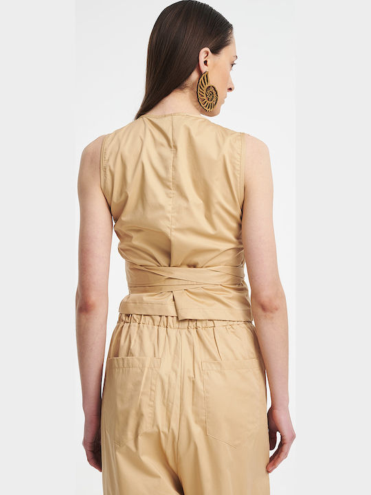 Women's Cotton Blouse with V-Neckline Beige