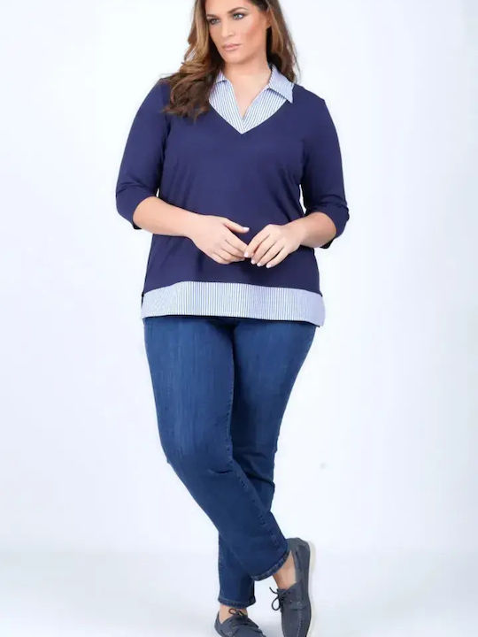 Damen Polo Bluse Gestreift Blau