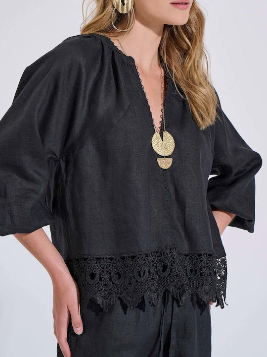 Women's Summer Linen Blouse with 3/4 Sleeve and V-Neck Black
