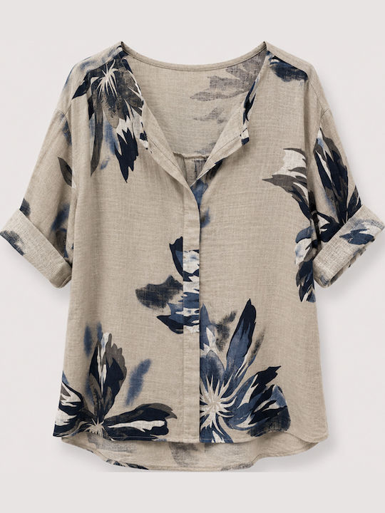 Women's Cotton Blouse with 3/4 Sleeve & V-Neckline Floral Beige
