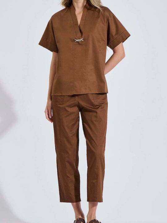 Women's Cotton Short Sleeve Top with V-Neck Brown 10-180336-0