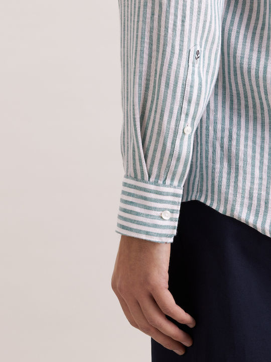 Long Sleeve Linen Shirt in Narrow Fit Striped Turquoise