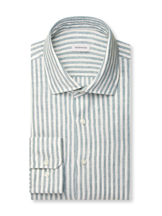 Long Sleeve Linen Shirt in Narrow Fit Striped Turquoise