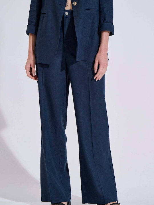 Damen Hochbund Leinenhose mit Gummiband in Gerader Bein Stil Blau