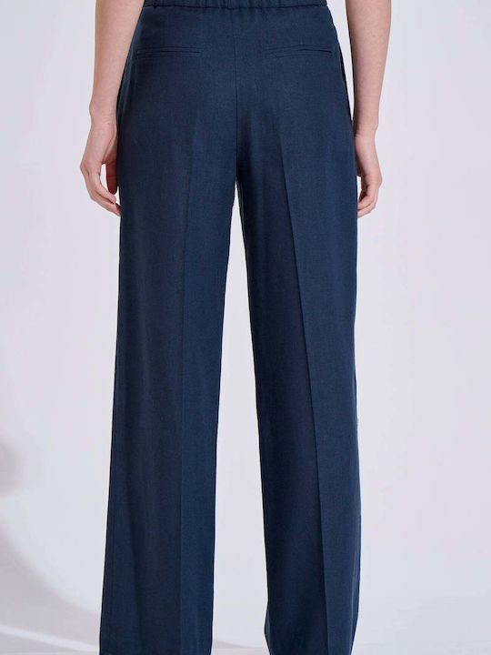 Damen Hochbund Leinenhose mit Gummiband in Gerader Bein Stil Blau