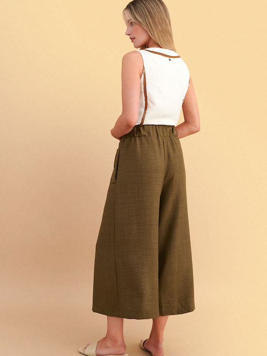 Women's Zip Culottes with Rubber Band Green