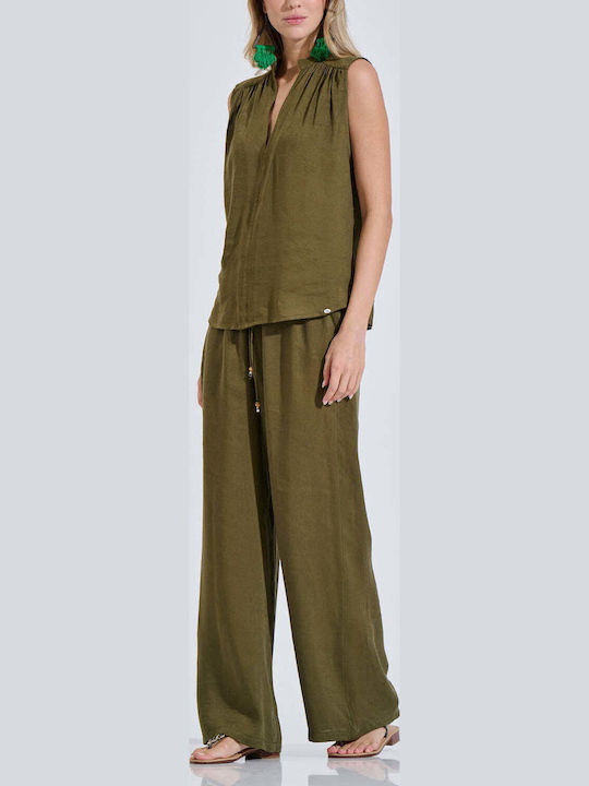 Damen Hochbund Pantaloons mit Gummiband in Entspannte Passform in Olive