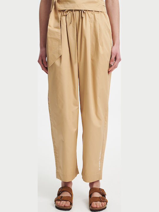 Women's Leather Trousers with Rubber Band in Tapered Leg Beige