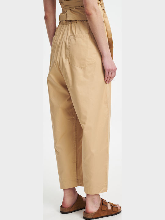 Women's Leather Trousers with Rubber Band in Tapered Leg Beige