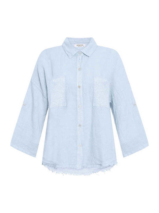 Celestino Women's Linen Shirt Sequins Loose Fit Light Blue