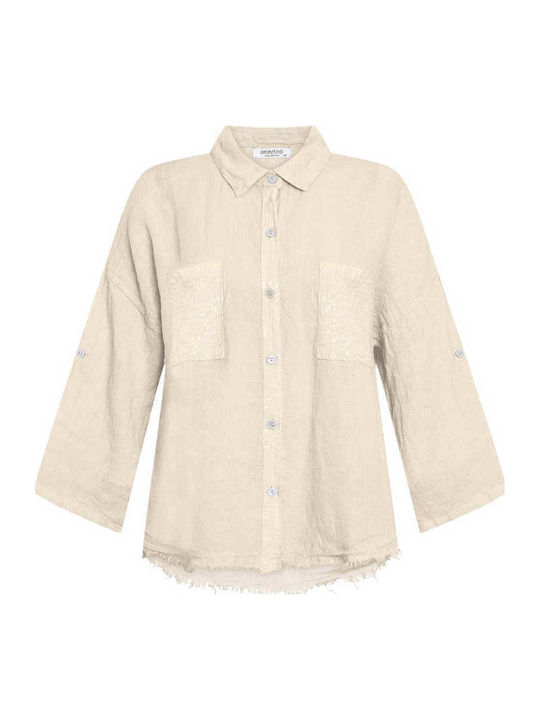 Celestino Women's Linen Shirt Sequins Loose Fit Beige