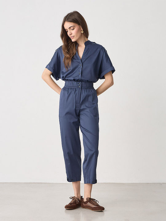 Women's High Rise Fabric Trousers with Rubber Band in Carrot Fit Blue