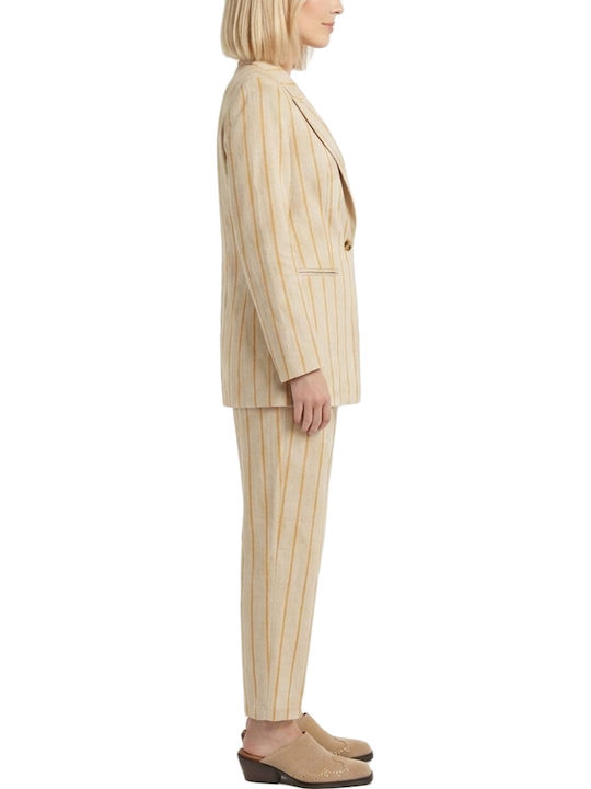 Women's High Rise Fabric Trousers Striped Yellow-Beige