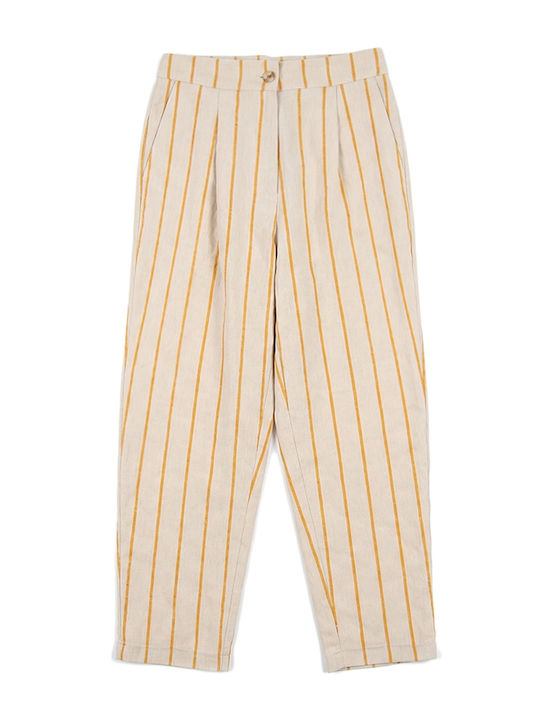 Women's High Rise Fabric Trousers Striped Yellow-Beige