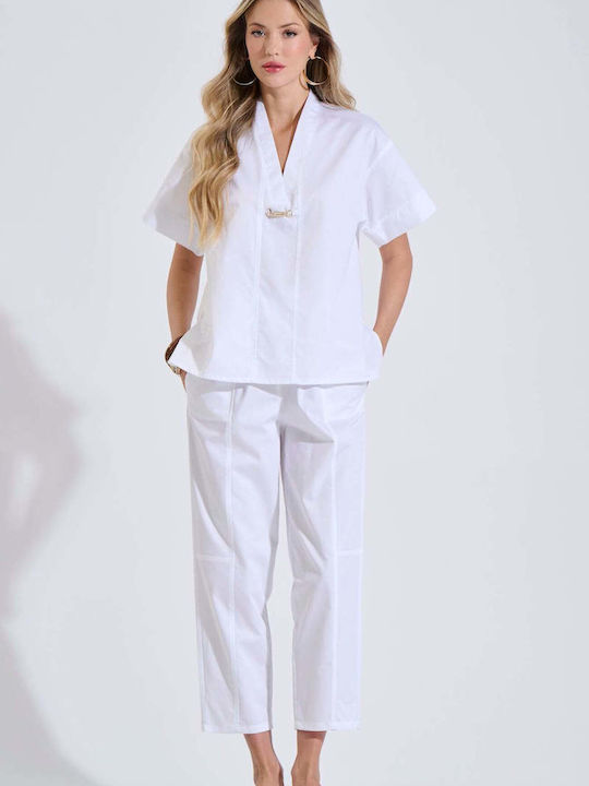 Women's Fabric Trousers with Rubber Band in Loose Fit White