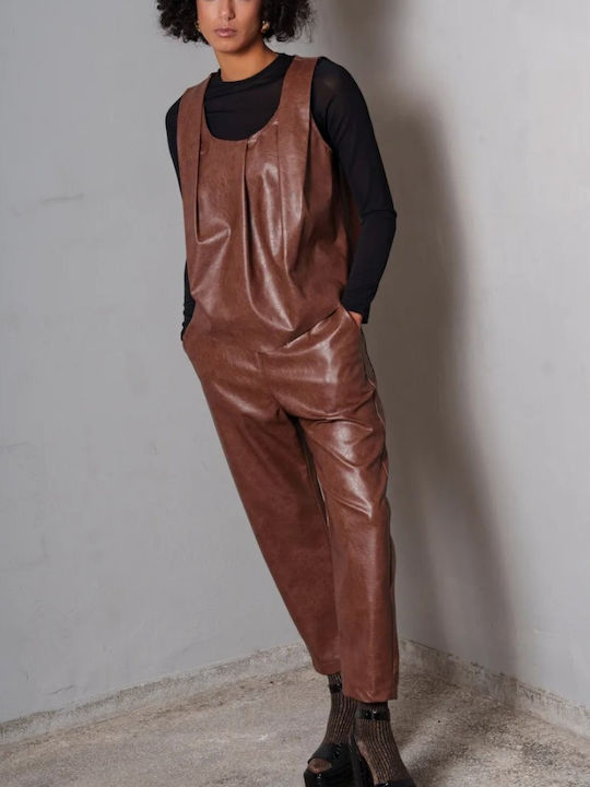 Collectiva Noir Women's Leather Trousers with Rubber Band Carrot Fit Brown