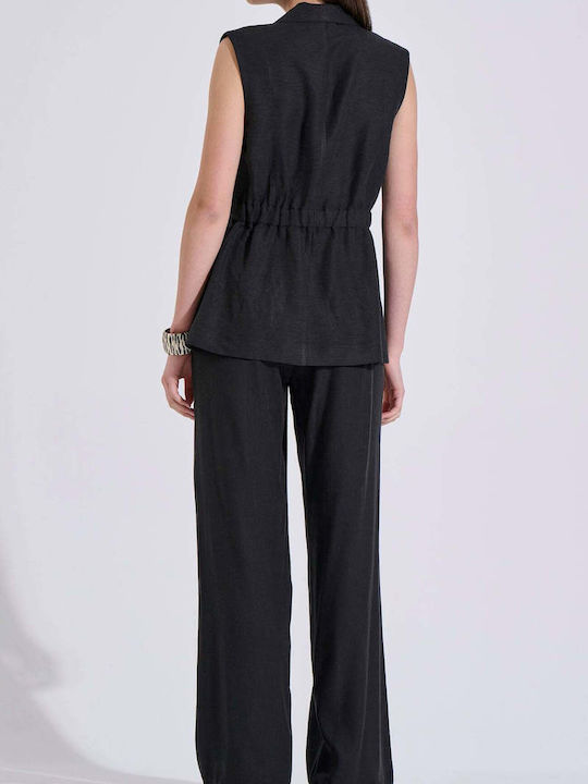Women's High Waist Linen Trousers in Straight Leg Style Black