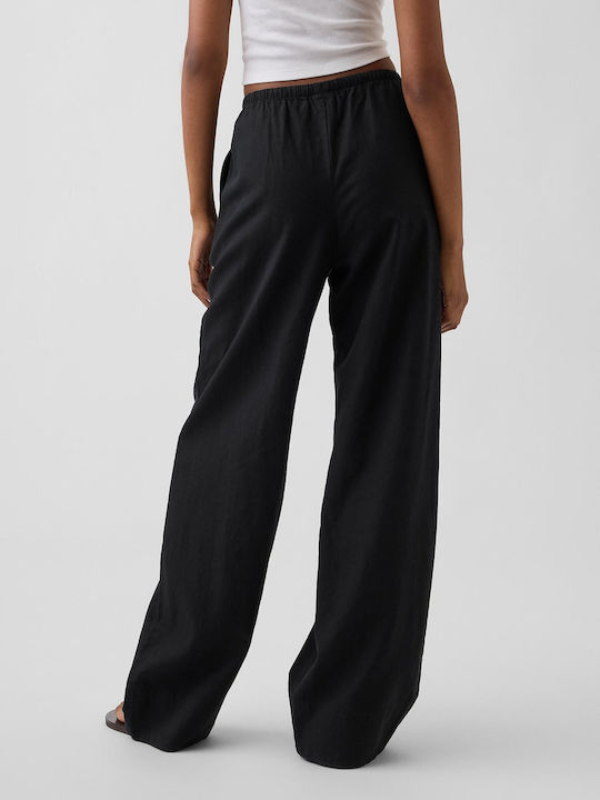Women's Linen Trousers with Rubber Band in Relaxed Fit Black