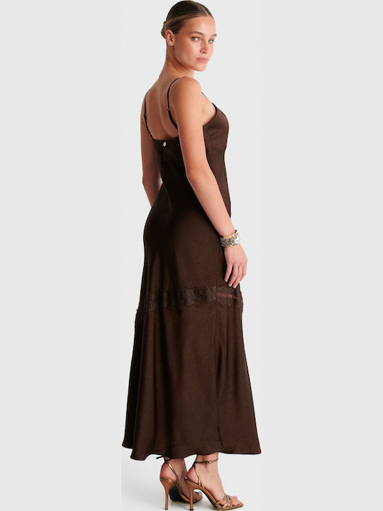 Maxi Slip Dress for Wedding - Christening Satin with Lace Brown