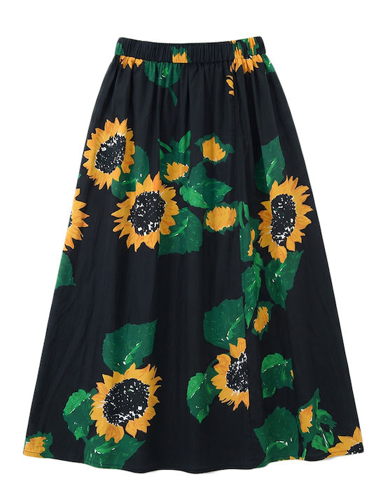Denim Hohe Taille Midi Blumenrock Gelbes Blaues Grünes