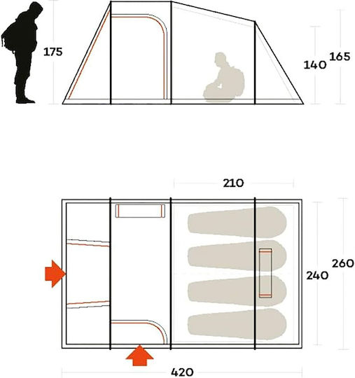 Ferrino Meteora 4 Camping Tent Tunnel Red with Double Cloth 4 Seasons for 4 People 420x260x175cm