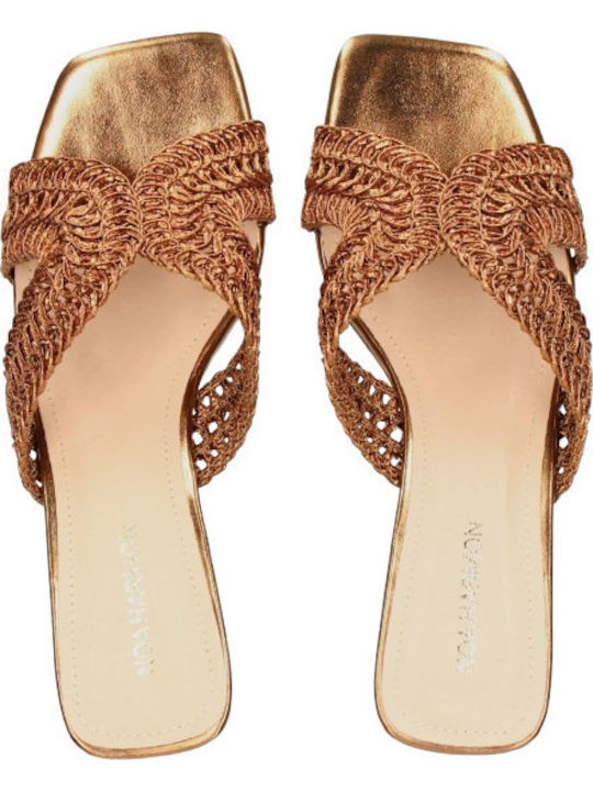 Satin Mules with Heel in Gold Colour