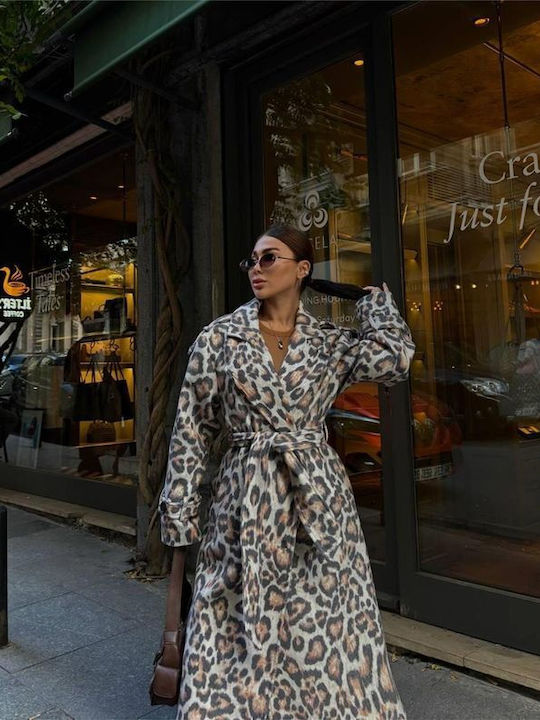 Women's Leopard Beige Coat with Belt
