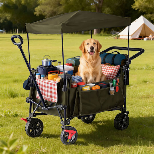 Relaxdays Klappbarer Einkaufswagen Dach Dunkelgrün Schwarz 131x97x54 cm