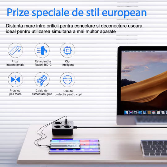 Alista Home Πολύπριζο 3 Θέσεων με USB-A, USB-C, Διακόπτη και Καλώδιο 2m
