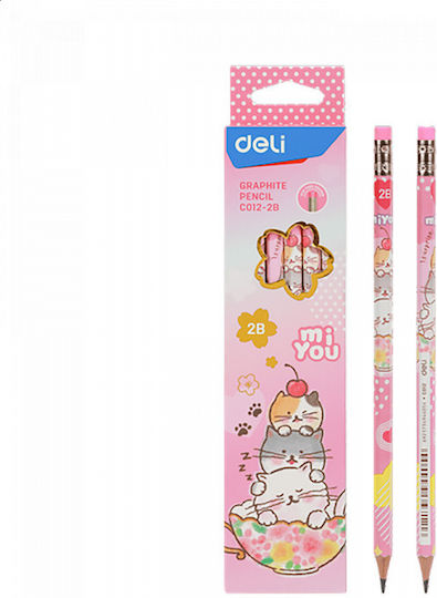 Hexagonal Pencil Hb Eraser 2b Blister Deli Miyou Pack of 12 Pieces